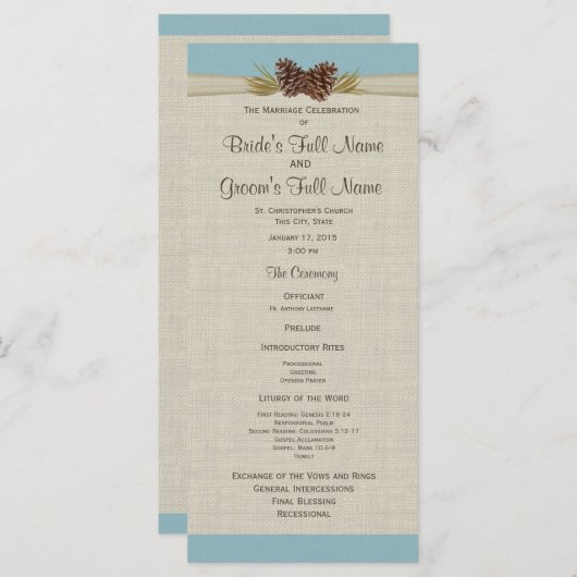 Pijnkegels en Burlap Blue bruiloft programma Programmakaart (Voorkant / Achterkant)