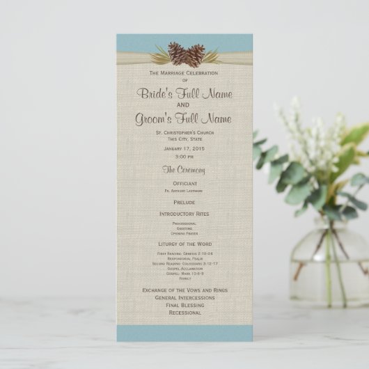 Pijnkegels en Burlap Blue bruiloft programma Programmakaart (Staand voorkant)