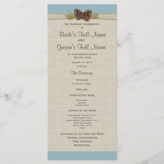 Pijnkegels en Burlap Blue bruiloft programma Programmakaart (Voorkant)