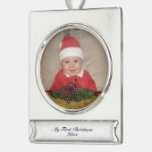 Pijnkegels en lint Eerste Kerstmis Verzilverd Banner Ornament (Links)