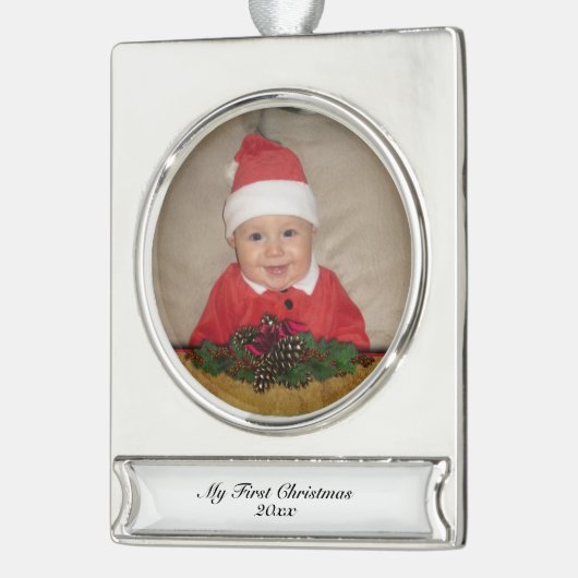 Pijnkegels en lint Eerste Kerstmis Verzilverd Banner Ornament (Links)