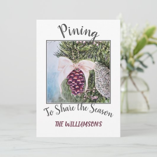 Pijntoon en lint met foto feestdagenkaart (Staand voorkant)