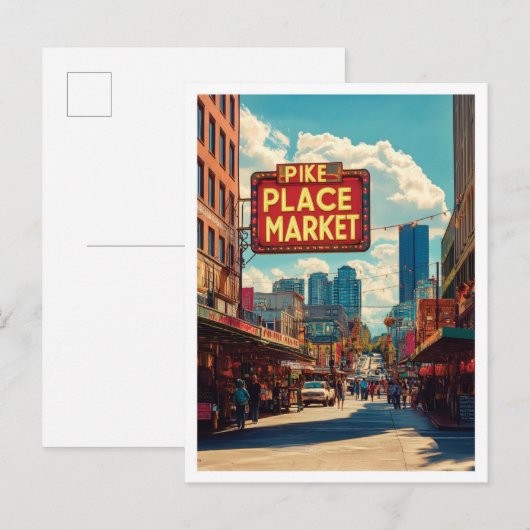 Pike Place Market Seattle Illustratie Reizen Briefkaart (Voorkant / Achterkant)