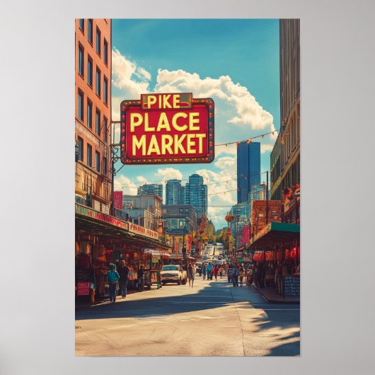 Pike Place Market Seattle Illustratie Reizen Poster (Voorkant)