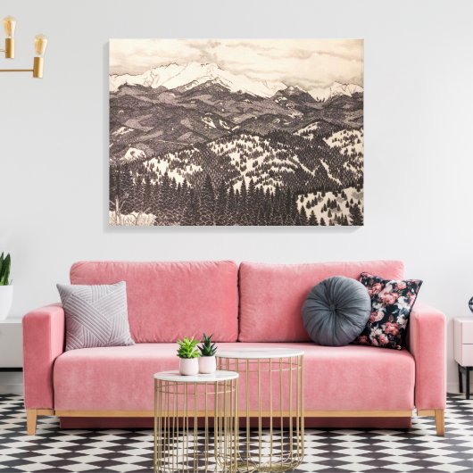 Pikes Peak Winter Landscape Pen/Pencil Drawing Canvas Afdruk (Insitu (Woonkamer))