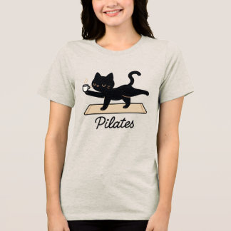 Pilates Kat - Zwarte Kat met Koffie Tri-Blend Shirt