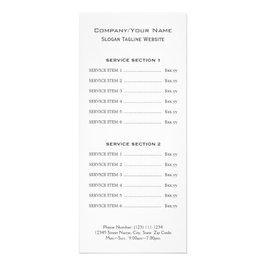 Pilates Studio Price List Rack Kaart (Achterkant)