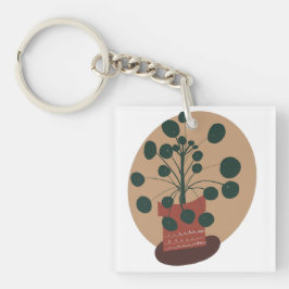 Pilea Plant in Pot met de Hand Getekend Groen Sleutelhanger
