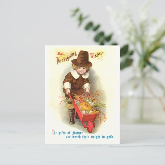 Pilgrim Boy Thanksgiving Illustratie Feestdagenkaart (Staand voorkant)