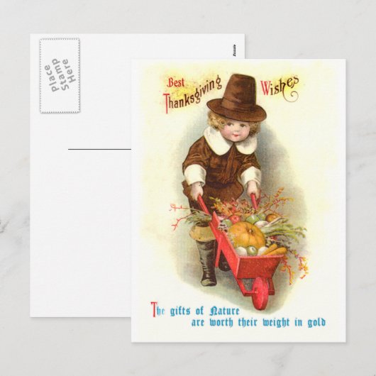 Pilgrim Boy  Thanksgiving Illustratie Feestdagenkaart (Voorkant / Achterkant)