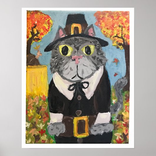 Pilgrim Cat Folk Art Thanksgiving Cat Boy Schilder Poster (Voorkant)