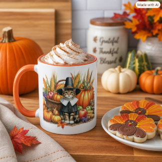 Pilgrim Cat Thanksgiving Herfst Oogst Mok
