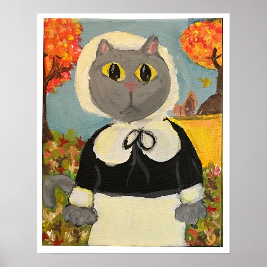 Pilgrim Cat Thanksgiving Meisje Schilderen Volksku Poster (Voorkant)