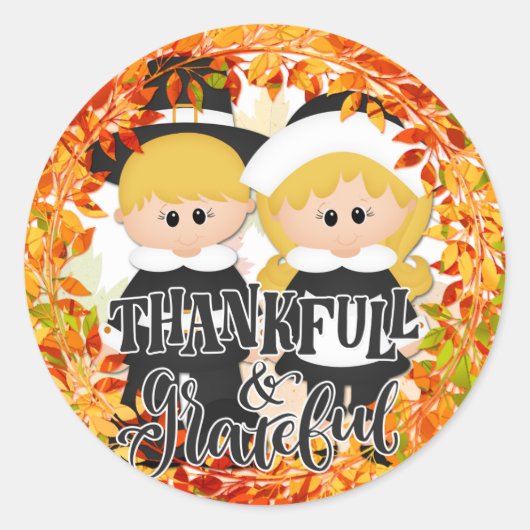Pilgrim Couple - Thankful & Grateful Ronde Sticker (Voorkant)