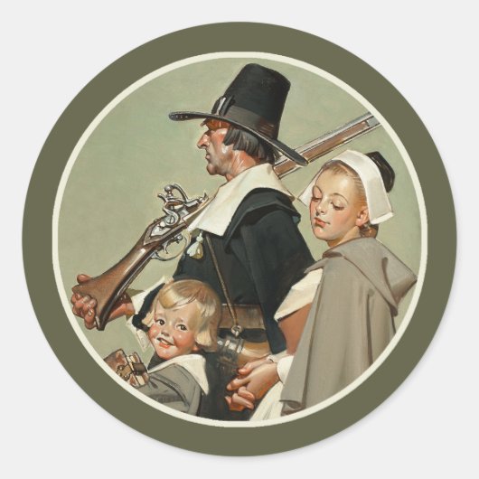 Pilgrim Familie.  kunstThanksgiving Ronde Sticker (Voorkant)
