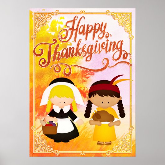 Pilgrim Girl & Native Girl - Happy Thanksgiving Poster (Voorkant)