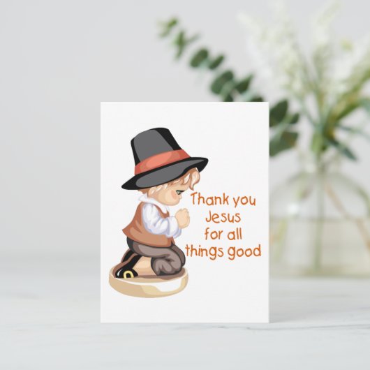 Pilgrim jongen bidt op knieën briefkaart (Staand voorkant)