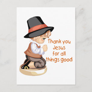 Pilgrim jongen bidt op knieën briefkaart