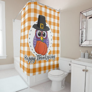 Pilgrim Owl on Oranje Pset - Happy Thanksgiving Douchegordijn
