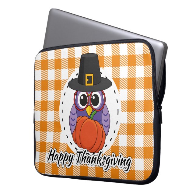 Pilgrim Owl on Oranje Pset - Happy Thanksgiving Laptop Sleeve (Voorkant Links)