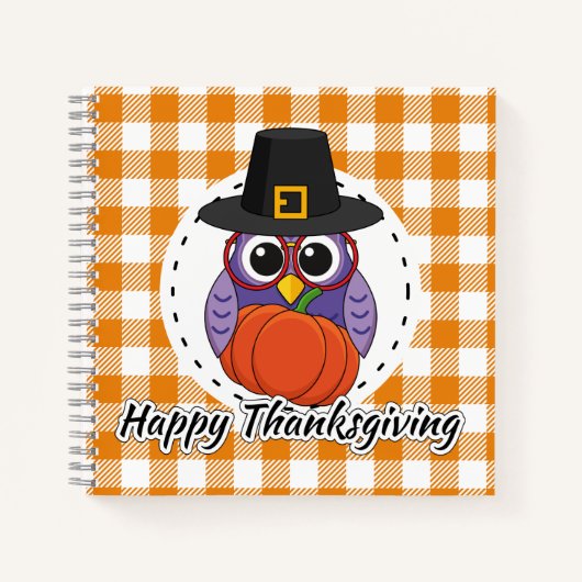 Pilgrim Owl on Oranje Pset - Happy Thanksgiving Notitieboek (Voorkant)