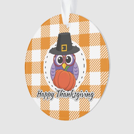 Pilgrim Owl on Oranje Pset - Happy Thanksgiving Ornament (voorkant)