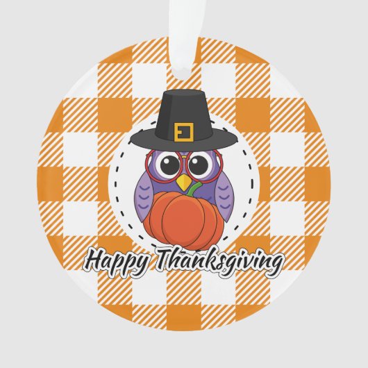Pilgrim Owl on Oranje Pset - Happy Thanksgiving Ornament (voorkant)