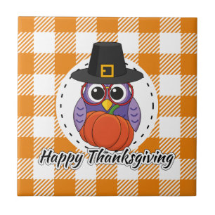 Pilgrim Owl on Oranje Pset - Happy Thanksgiving Tegeltje