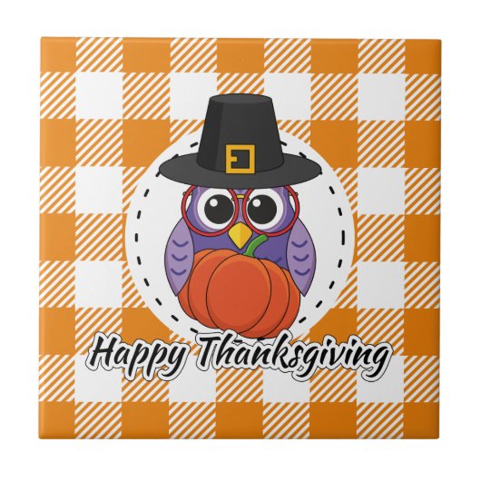 Pilgrim Owl on Oranje Pset - Happy Thanksgiving Tegeltje (Voorkant)