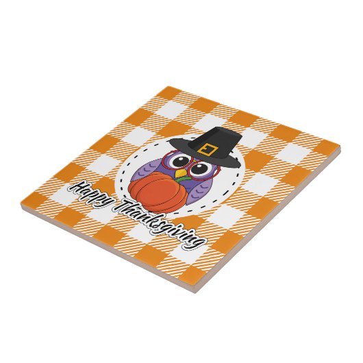 Pilgrim Owl on Oranje Pset - Happy Thanksgiving Tegeltje (Zijkant)
