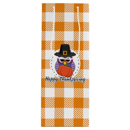 Pilgrim Owl on Oranje Pset - Happy Thanksgiving Wijn Cadeautas (Voorkant)