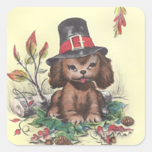 Pilgrim Puppy Thanksgiving Vierkante Sticker (Voorkant)