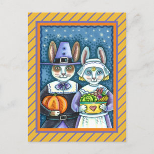 PILGRIM RABBITS, THANKSGIVING HARE'S HARVEST, CUTE BRIEFKAART