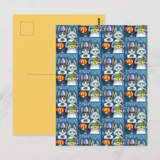 PILGRIM RABBITS, THANKSGIVING HARE'S HARVEST, CUTE BRIEFKAART (Voorkant / Achterkant)
