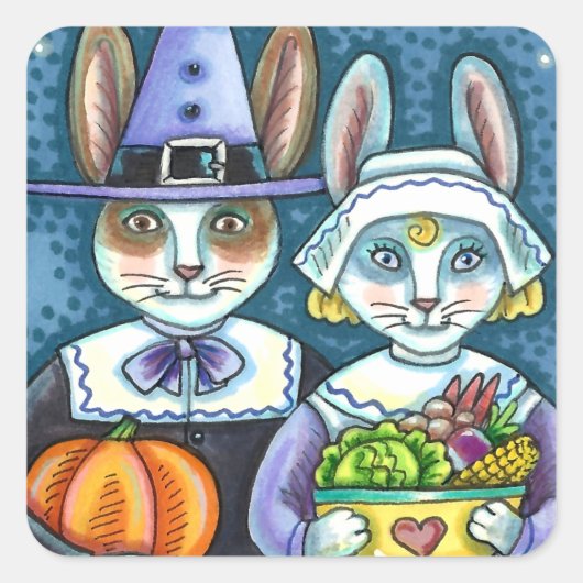 PILGRIM RABBITS, THANKSGIVING HARE'S HARVEST, CUTE VIERKANTE STICKER (Voorkant)