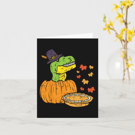 Pilgrim Trex Dinosaur Pumpkin Pie Thanksgiving Kin Kaart (Gele Bloem)