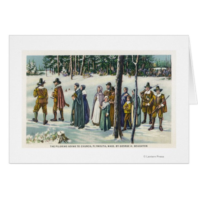 Pilgrims die naar de kerk gaan in de sneeuwscène (Voorkant Horizontaal)