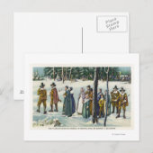 Pilgrims die naar de kerk gaan in de sneeuwscène briefkaart (Voorkant / Achterkant)