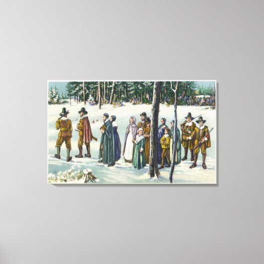 Pilgrims die naar de kerk gaan in de sneeuwscène canvas afdruk (Voorkant)