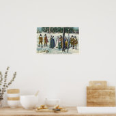 Pilgrims die naar de kerk gaan in de sneeuwscène poster (Keuken)