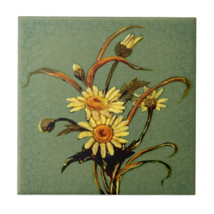 Pilkington C1900 Green Daisies Slip Painted Repro Tegeltje
