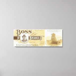 Pillar Rock, Washington, Boss Salmon Label Canvas Afdruk