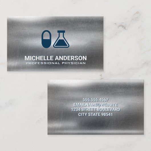 Pillen en Bekerglas | Farmaceutisch Logo | Metaal Visitekaartje (Voorkant / Achterkant)