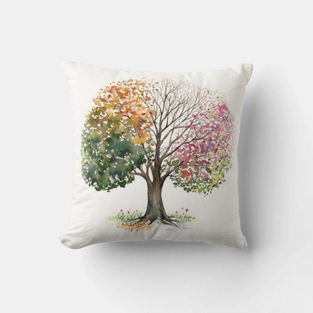 PILLOW 4 SEASON TREE WATERVERF op WITTE Kussen (Voorkant)