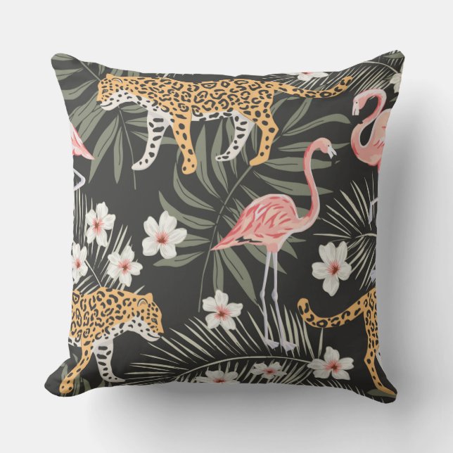 Pillow Black Tropical Tiger Flamingo Black/Roze Buitenkussen (Voorkant)
