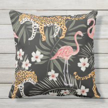 Pillow Black Tropical Tiger Flamingo Black/Roze