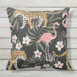 Pillow Black Tropical Tiger Flamingo Black/Roze Buitenkussen