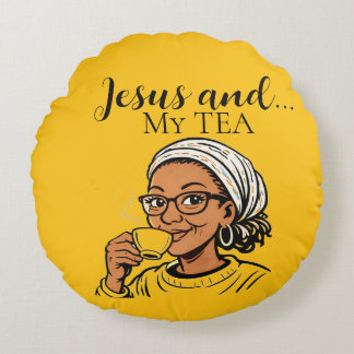 Pillow depicting Jesus and My Tea Rond Kussen