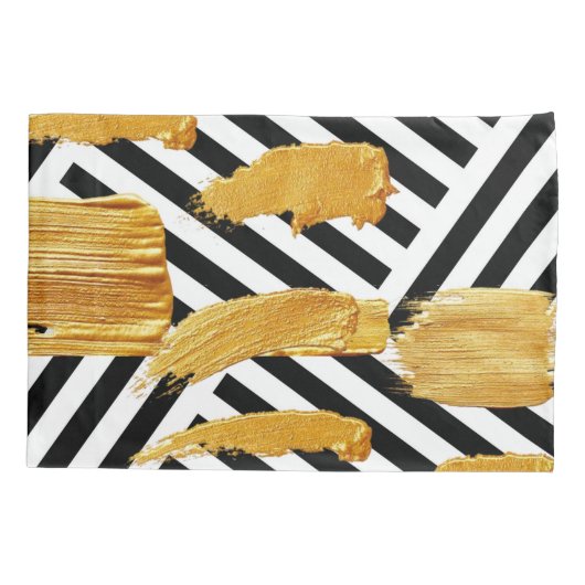 Pillow Hoesje Black & White Stripe Gold Kussensloop (Achterkant)