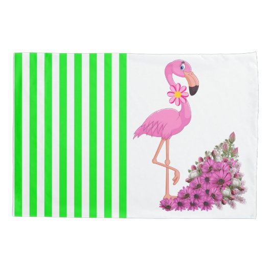 Pillow Hoesje Green Stripe Pink Flamingo Floral Kussensloop (Achterkant)